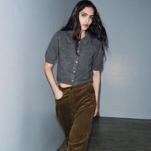 NWT Zara Laine Wool Collared Button-front Short Sleeve Polo Top In Gray - XL